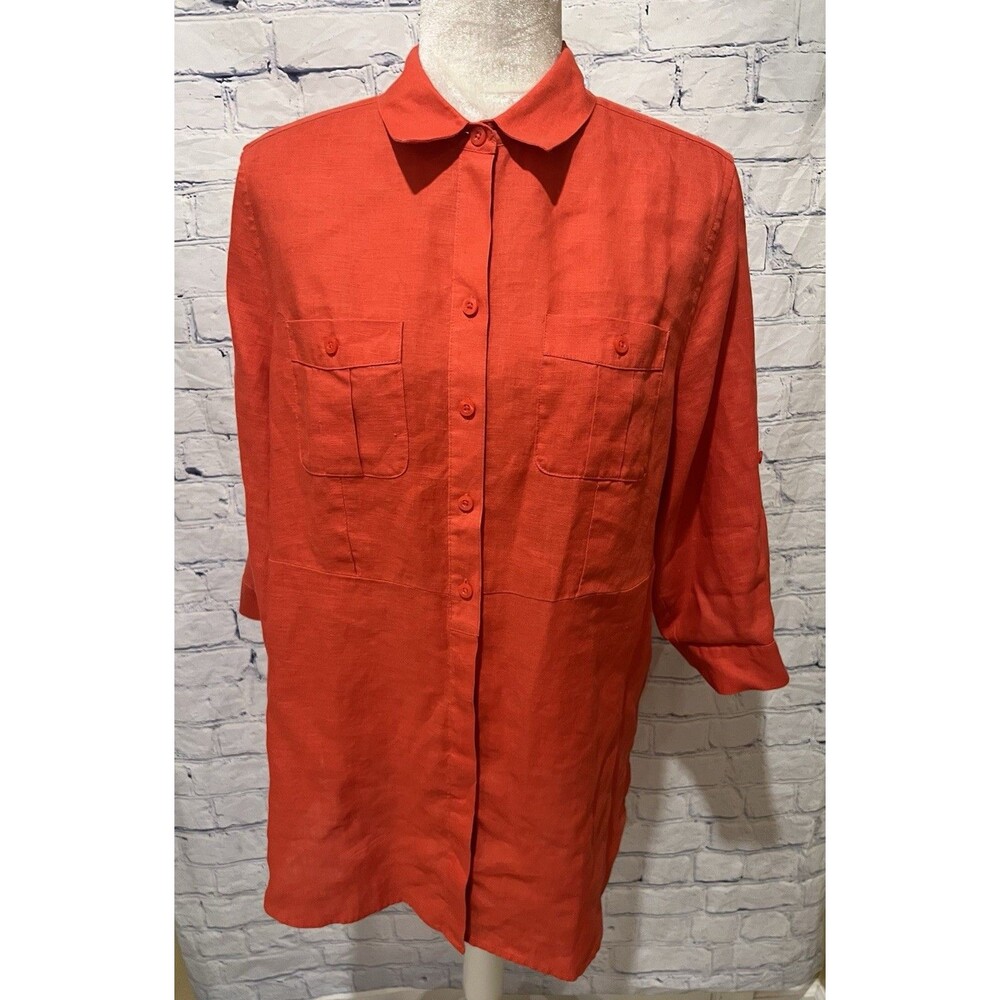 Chicos Chico's No Iron Linen Tunic Orange Roll Tab Sleeve Button Up Pockets 1/M